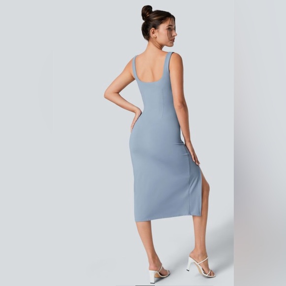 SoftlyZero Airy Square Neck Corset Ruched Split Bodycon Midi Dress - Picture 2 of 13